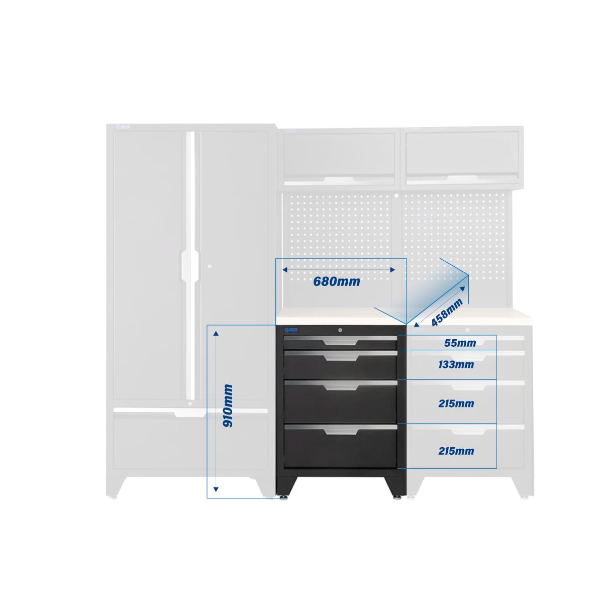 SGS 7pc Modular Garage Storage | 8 Drawers | Plywood Worktop | 2x Upper Cabinets | Tall Double Cabinet with Drawer